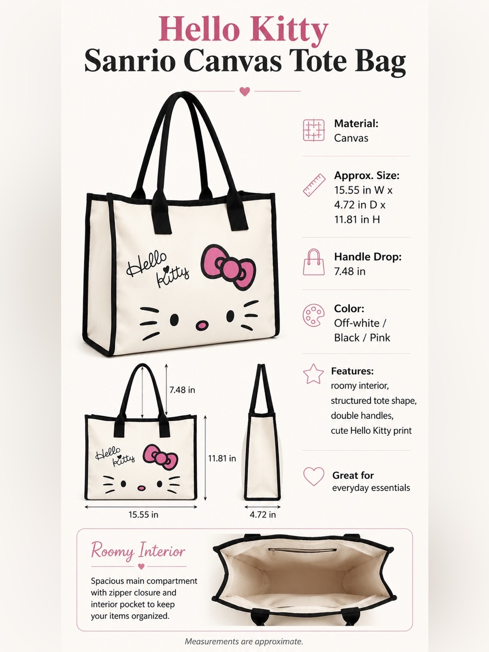 NIP Sanrio Hello Kitty Large Canvas Tote Bag Black Trim Pink Bow - Picture 2 of 6